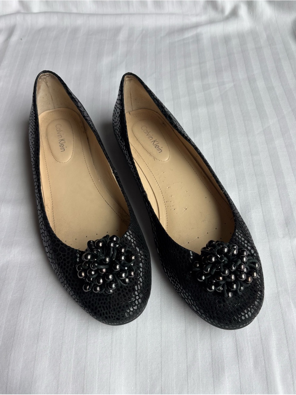 Calvin Klein Black Textured Ballet Flats with Beaded Rosette